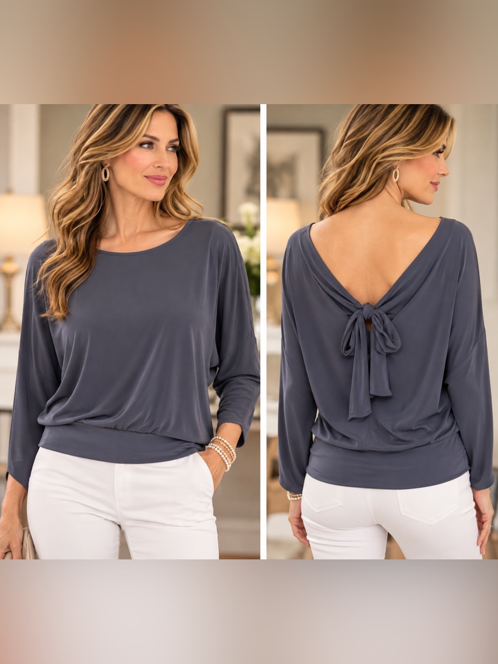 White House Black Market Slate Blue Long Sleeve Tie-Back Top